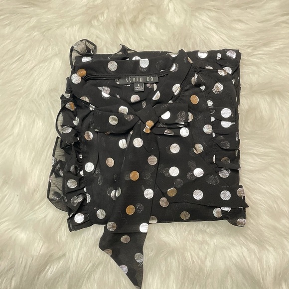 Women Printed Polka Dot Bow Tied Neck Lantern Sheer Long Sleeve Workwear Blouse - Picture 3 of 7